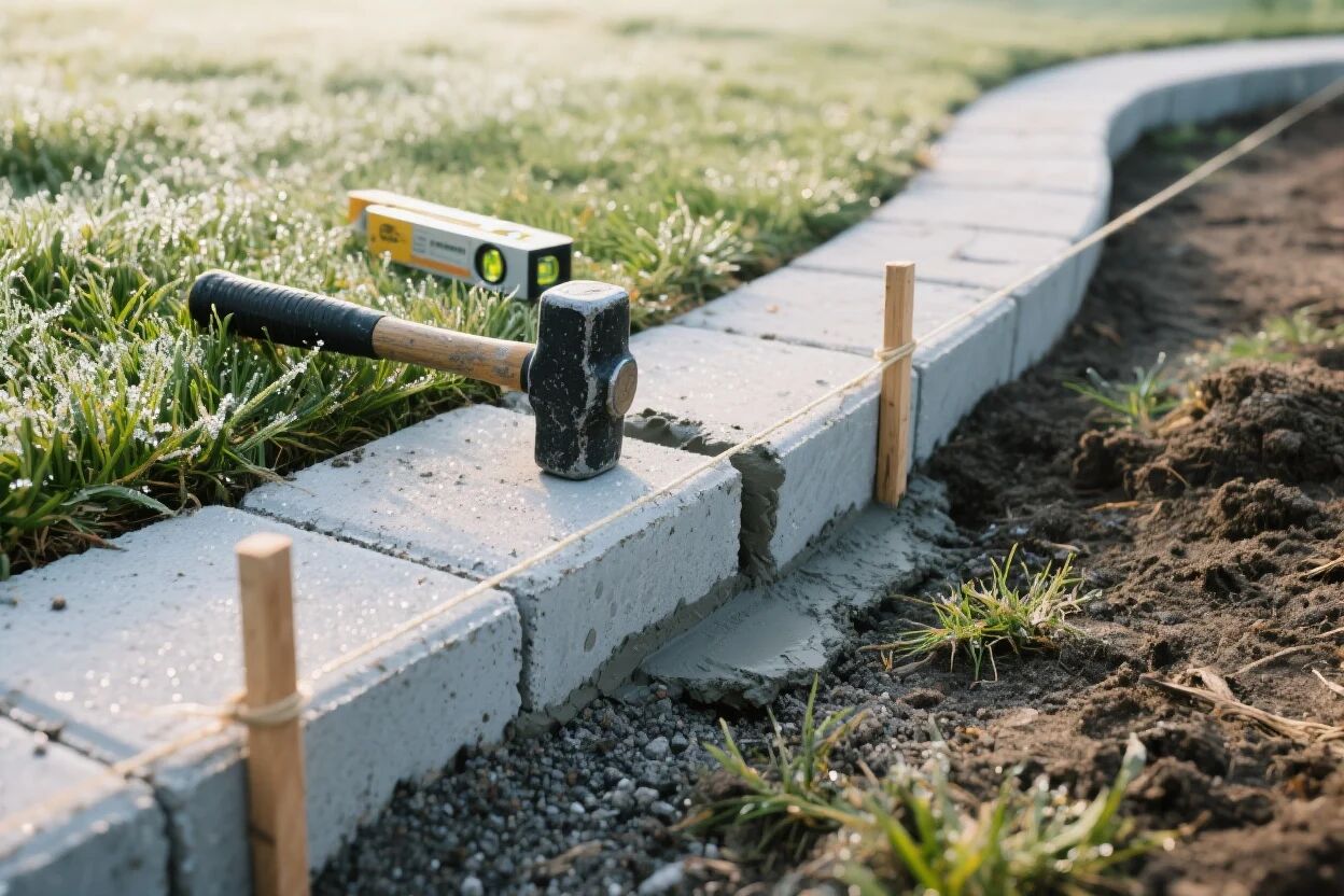 Setzen von grauen Randsteinen für eine Beeteinfassung, fixiert mit Holzpflöcken und bearbeitet mit Gummihammer und Wasserwaage.